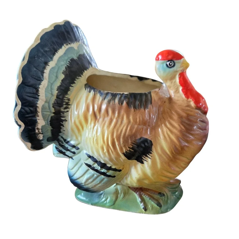 Vintage Relpo Ceramic Turkey Planter Thanksgiving Decor Hand Painted Mid Century